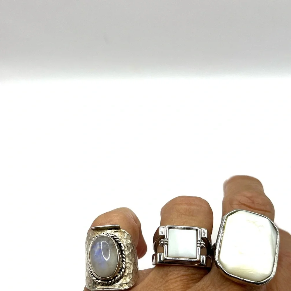 Three Silver Tone Rings with White/Opalescent Stones - Stackable Set